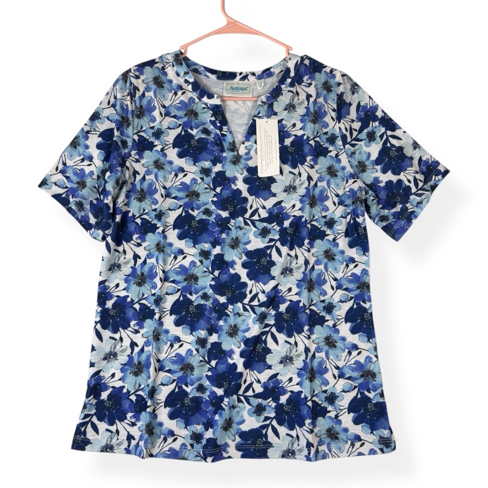 National Top Womens Small S Blue Floral Short Sleeve Shirt V-Notch‎ Neckline NWT